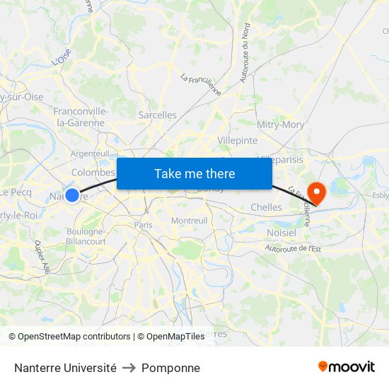 Nanterre Université to Pomponne map