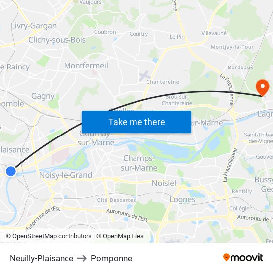 Neuilly-Plaisance to Pomponne map