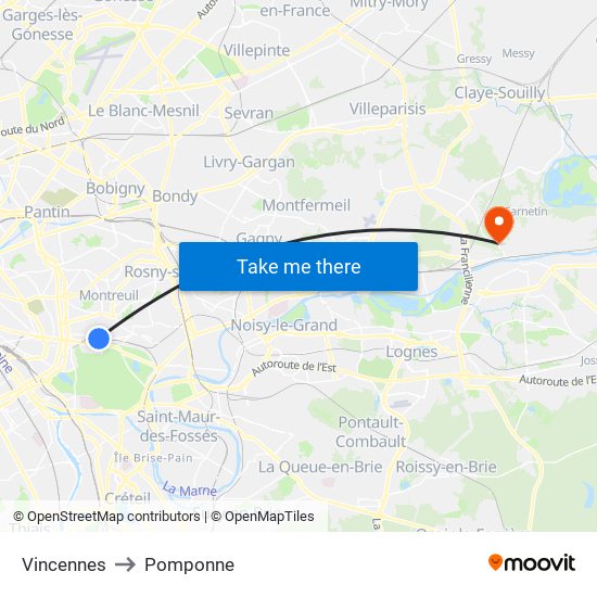 Vincennes to Pomponne map