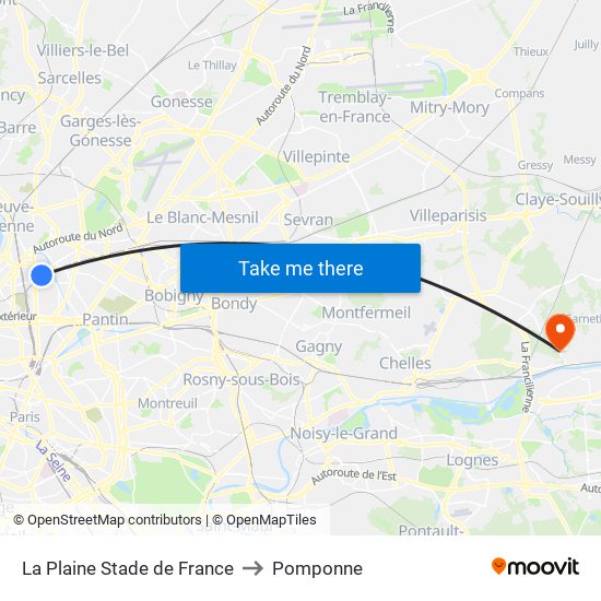 La Plaine Stade de France to Pomponne map
