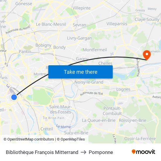 Bibliothèque François Mitterrand to Pomponne map