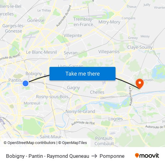 Bobigny - Pantin - Raymond Queneau to Pomponne map