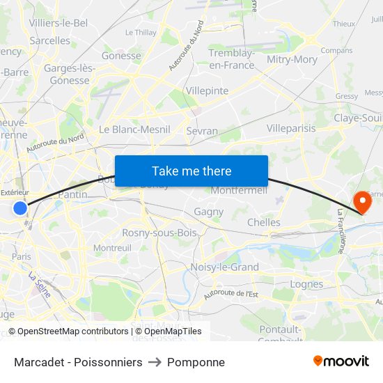 Marcadet - Poissonniers to Pomponne map