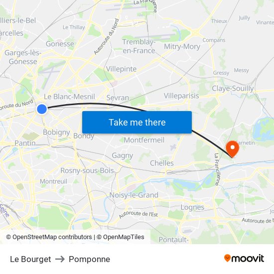 Le Bourget to Pomponne map