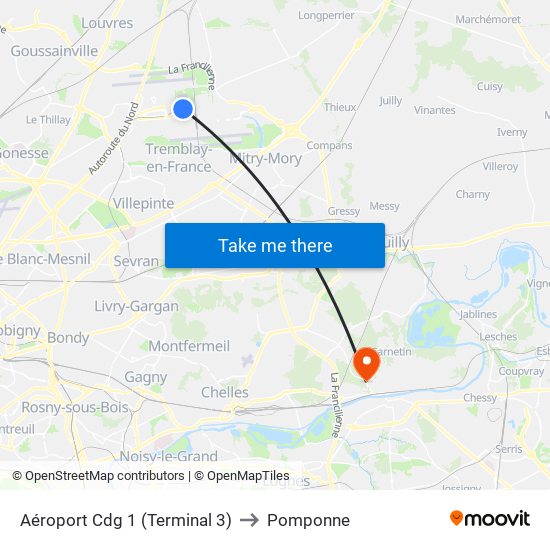 Aéroport Cdg 1 (Terminal 3) to Pomponne map
