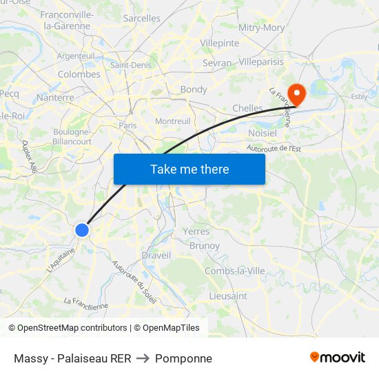 Massy - Palaiseau RER to Pomponne map