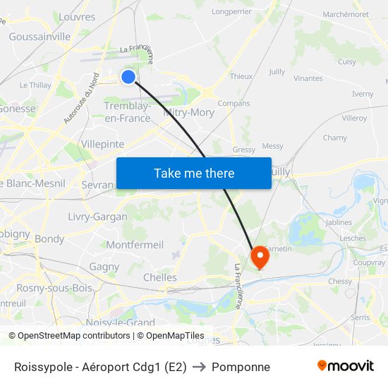 Roissypole - Aéroport Cdg1 (E2) to Pomponne map