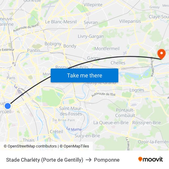 Stade Charléty (Porte de Gentilly) to Pomponne map