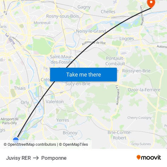 Juvisy RER to Pomponne map