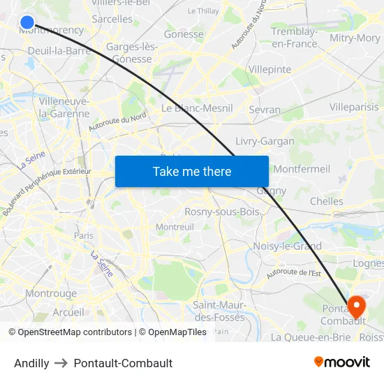 Andilly to Pontault-Combault map