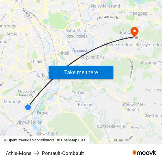 Athis-Mons to Pontault-Combault map