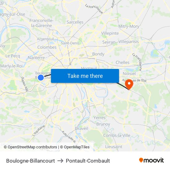 Boulogne-Billancourt to Pontault-Combault map