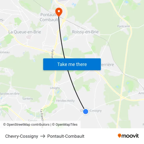 Chevry-Cossigny to Pontault-Combault map