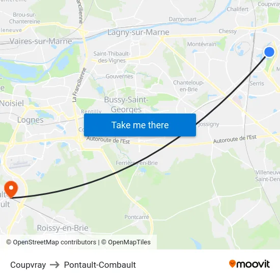 Coupvray to Pontault-Combault map