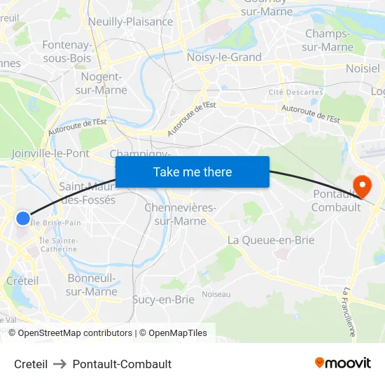 Creteil to Pontault-Combault map