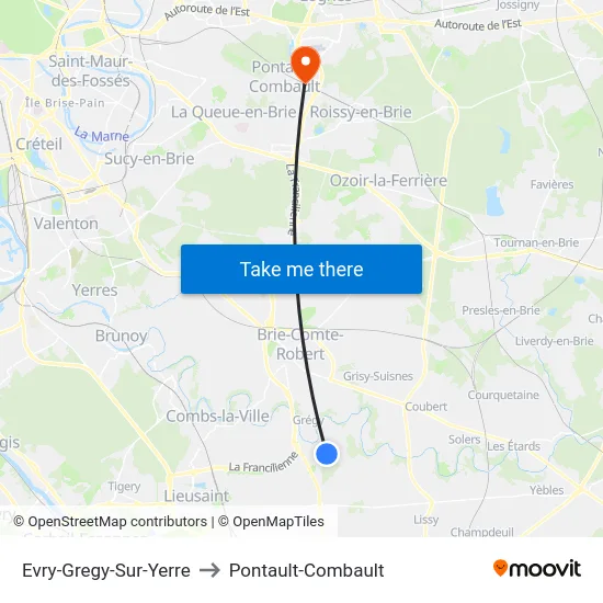 Evry-Gregy-Sur-Yerre to Pontault-Combault map