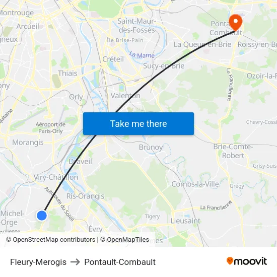 Fleury-Merogis to Pontault-Combault map