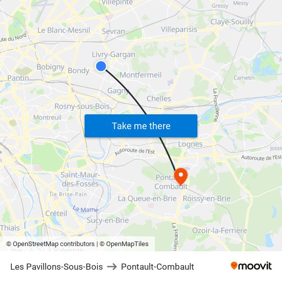 Les Pavillons-Sous-Bois to Pontault-Combault map