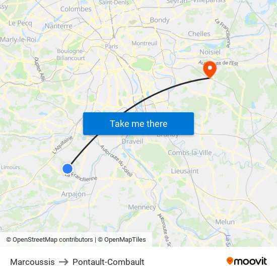 Marcoussis to Pontault-Combault map