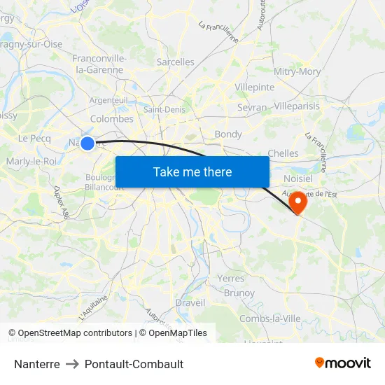 Nanterre to Pontault-Combault map