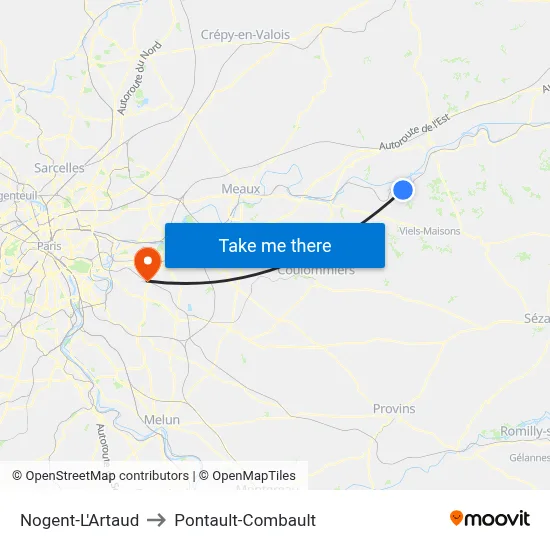 Nogent-L'Artaud to Pontault-Combault map