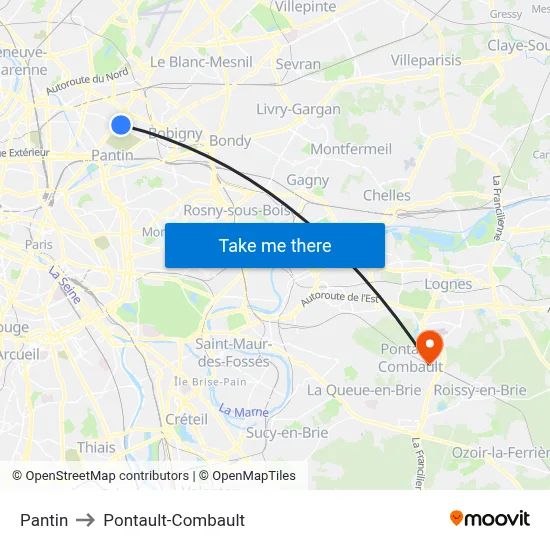 Pantin to Pontault-Combault map