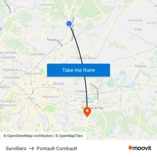 Survilliers to Pontault-Combault map