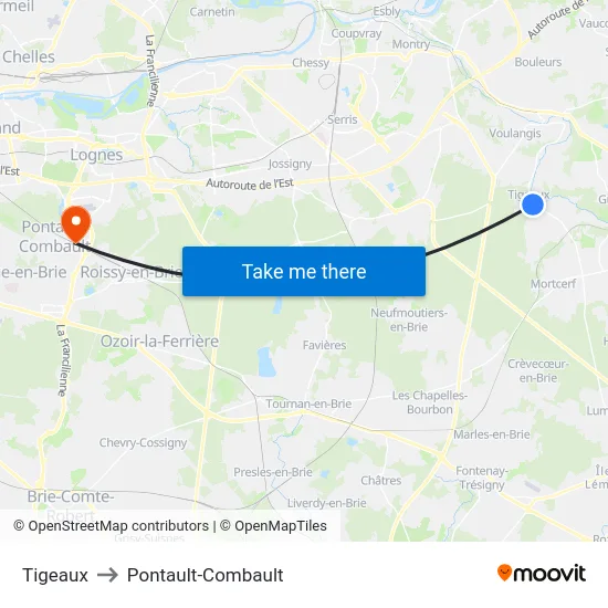 Tigeaux to Pontault-Combault map