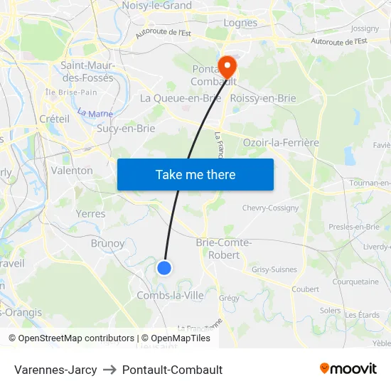 Varennes-Jarcy to Pontault-Combault map