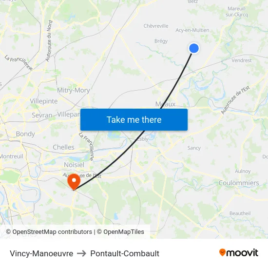 Vincy-Manoeuvre to Pontault-Combault map