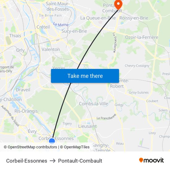 Corbeil-Essonnes to Pontault-Combault map