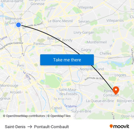 Saint-Denis to Pontault-Combault map