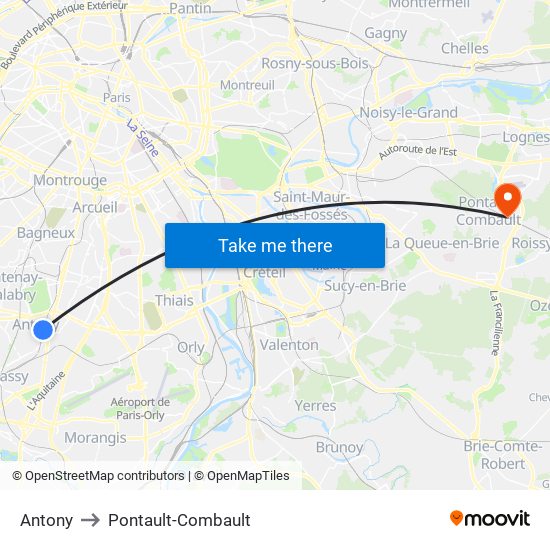 Antony to Pontault-Combault map