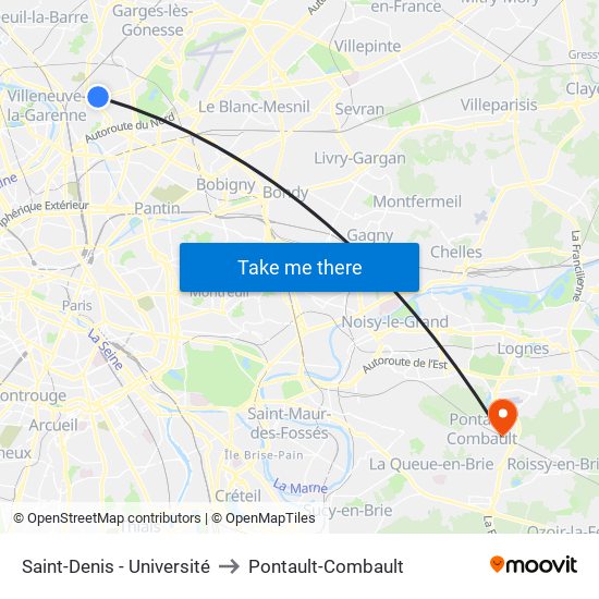 Saint-Denis - Université to Pontault-Combault map