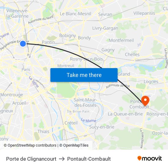 Porte de Clignancourt to Pontault-Combault map