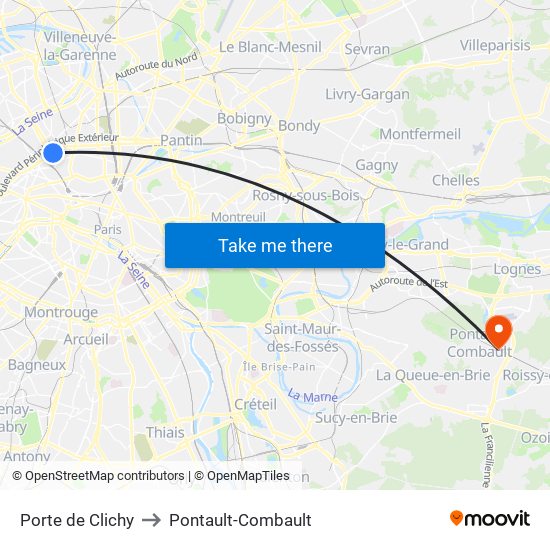 Porte de Clichy to Pontault-Combault map
