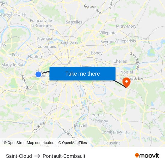 Saint-Cloud to Pontault-Combault map