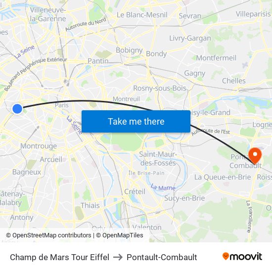 Champ de Mars Tour Eiffel to Pontault-Combault map