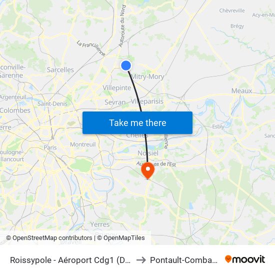 Roissypole - Aéroport Cdg1 (D3) to Pontault-Combault map