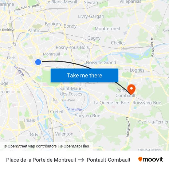 Place de la Porte de Montreuil to Pontault-Combault map