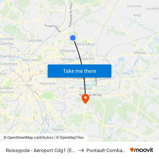 Roissypole - Aéroport Cdg1 (E2) to Pontault-Combault map