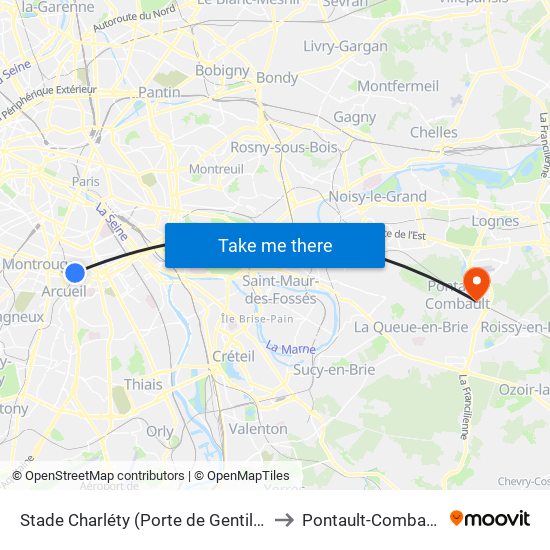 Stade Charléty (Porte de Gentilly) to Pontault-Combault map