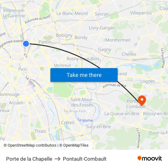 Porte de la Chapelle to Pontault-Combault map