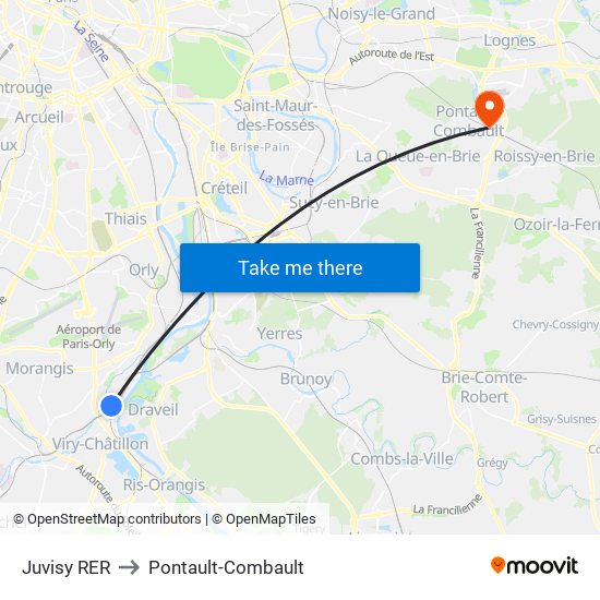 Juvisy RER to Pontault-Combault map
