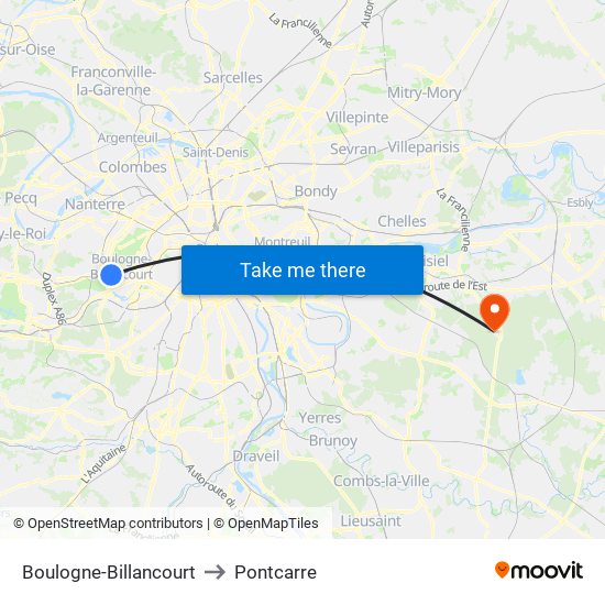 Boulogne-Billancourt to Pontcarre map
