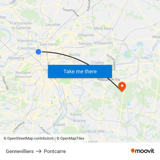 Gennevilliers to Pontcarre map