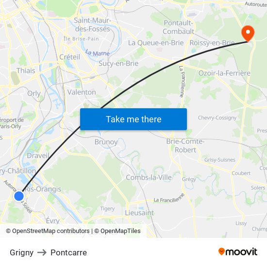 Grigny to Pontcarre map
