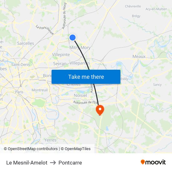Le Mesnil-Amelot to Pontcarre map
