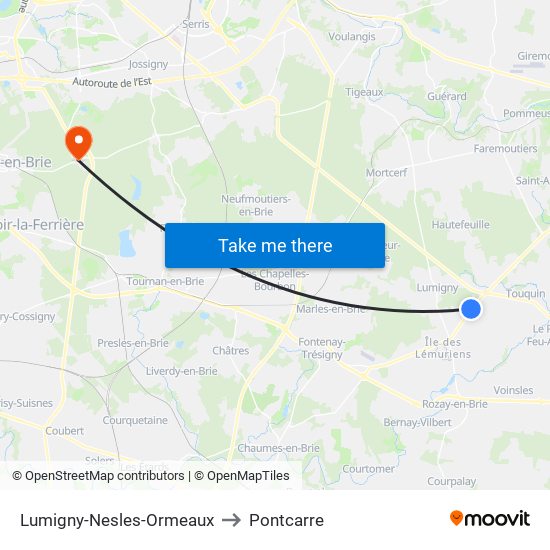 Lumigny-Nesles-Ormeaux to Pontcarre map