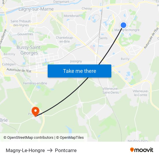 Magny-Le-Hongre to Pontcarre map